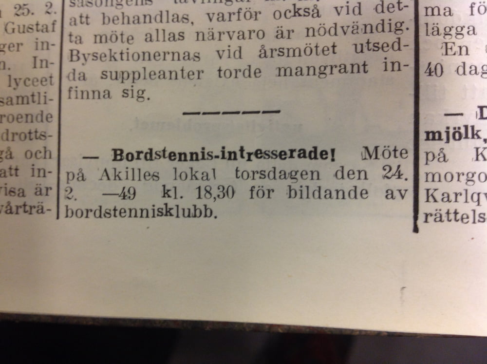 Tästä kaikki alkoi. Ilmoitus Borgåbladet -lehdessä 22.2.1949