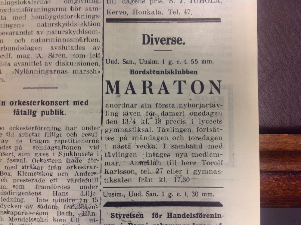 Borgåbladet 12.4.1949. Sama ilmoitus julkaistiin sanomalehti Uusimaassa ja Uudenmaan Sanomissa